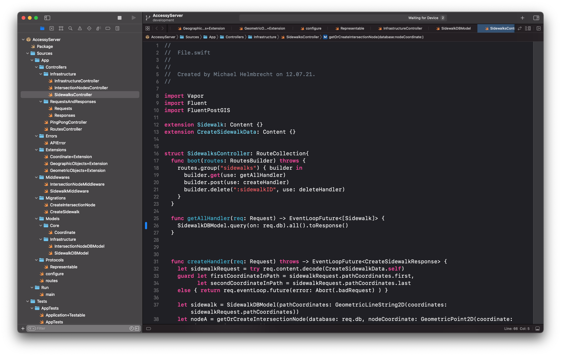 Code der Vapor Server-Anwendung für das Erstellen von Bürgersteigen